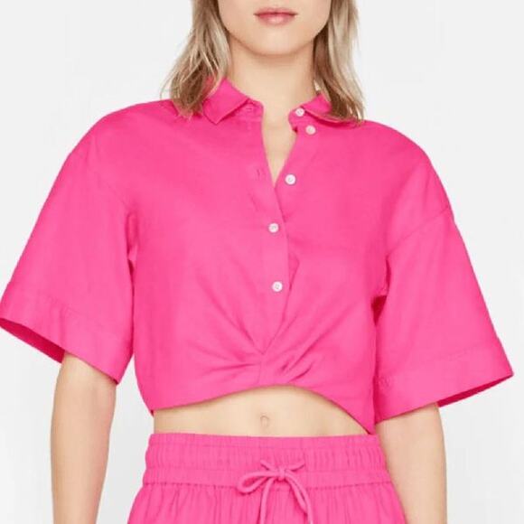 FRAME Tops - FRAME Cropped Twist Front Shirt Linen Pink Flamingo S NWT Resort Wear Coastal